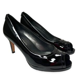 Stuart Weitzman Annabelle Black Patent Leather Peep Toe Pumps | Size 9.5